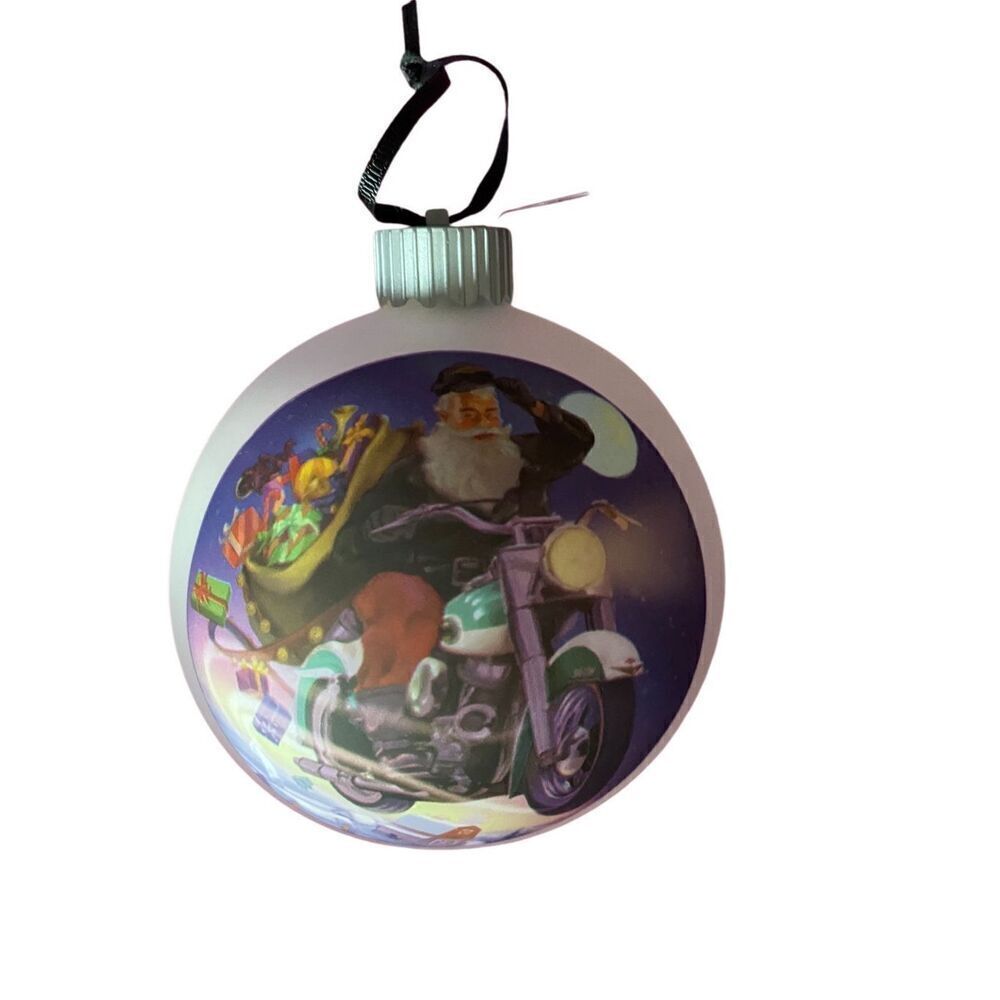 Harley Davidson 2014 glass ball ornament Santa on Harley 4 inches round rare